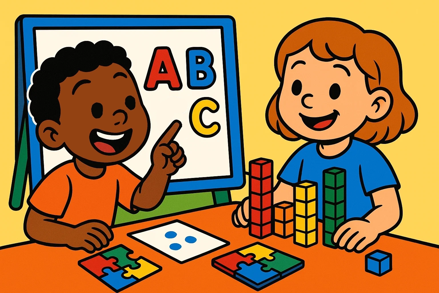 Cartoon showing two children happily engaged in educational games: one with a letter board and the other with colorful math manipulatives.