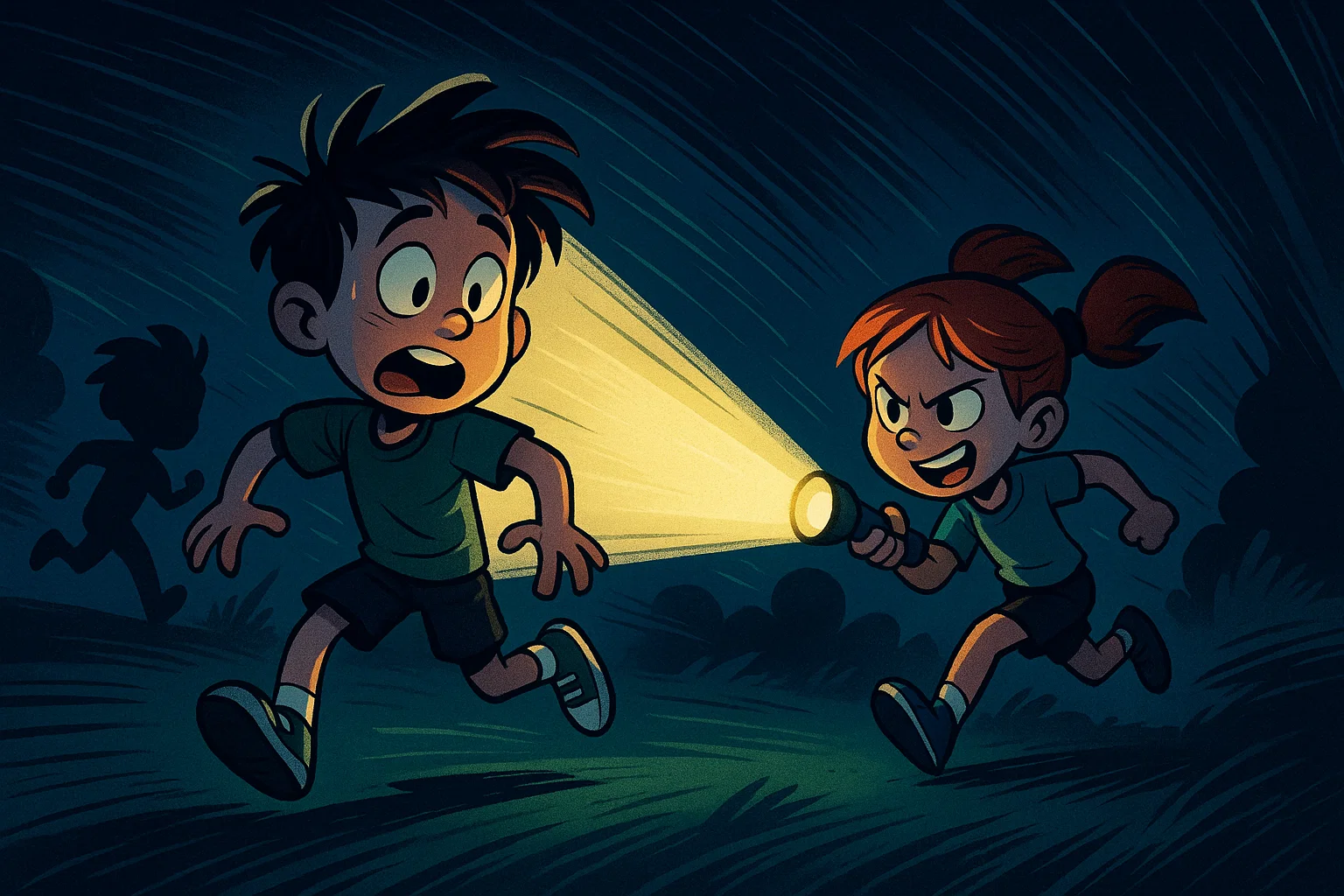 Cartoon showing kids playing an action-packed game like Flashlight Tag outdoors in the dark. Cartoon showing kids playing an action-packed game like Flashlight Tag outdoors in the dark.