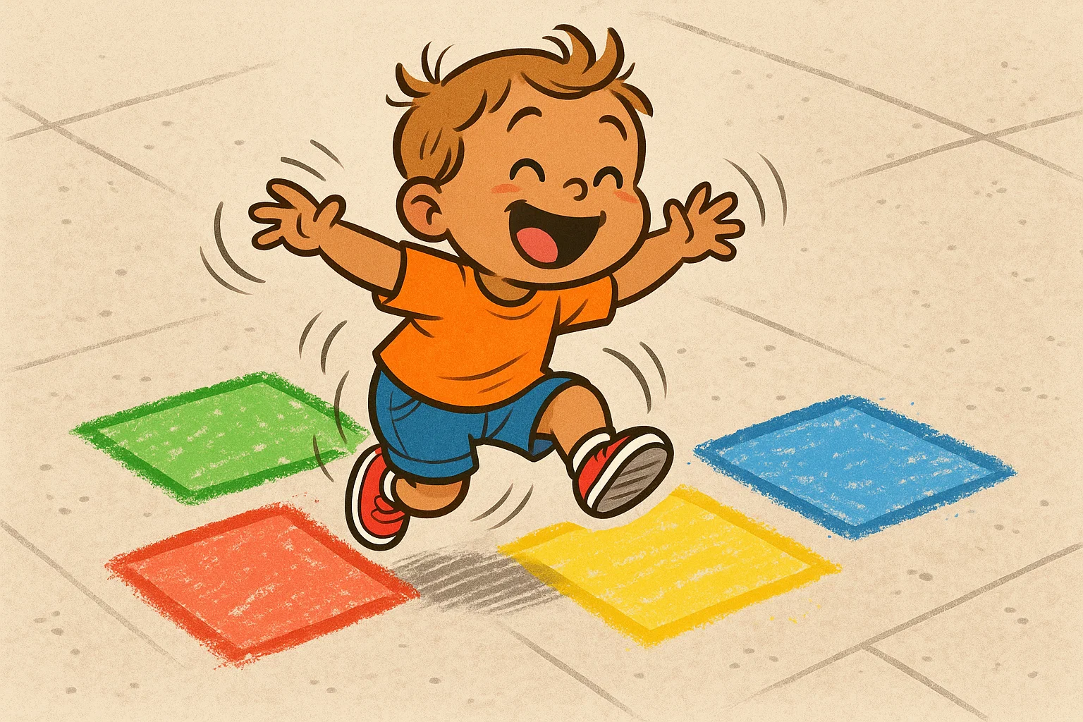  Energetic cartoon of a toddler actively jumping on brightly colored chalk hopscotch squares for motor skills.

