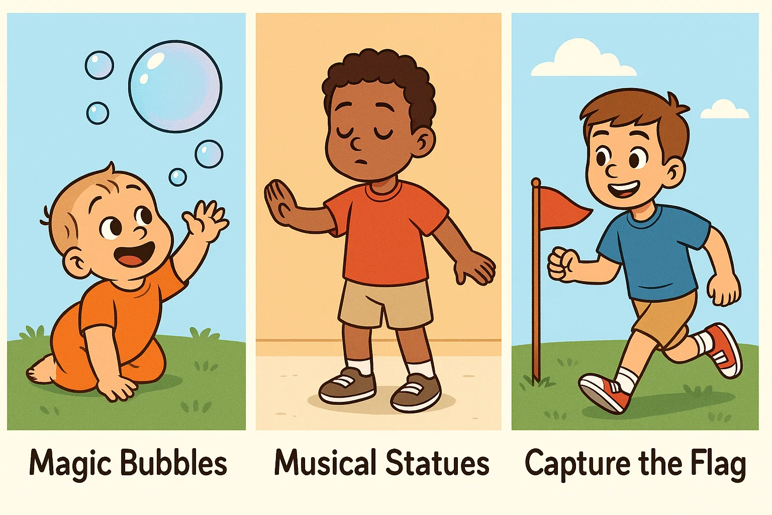 Cartoon showing different age groups enjoying picnic games: a toddler with a bubble, a preschooler with statues. Cartoon showing different age groups enjoying picnic games: a toddler with a bubble, a preschooler with statues.