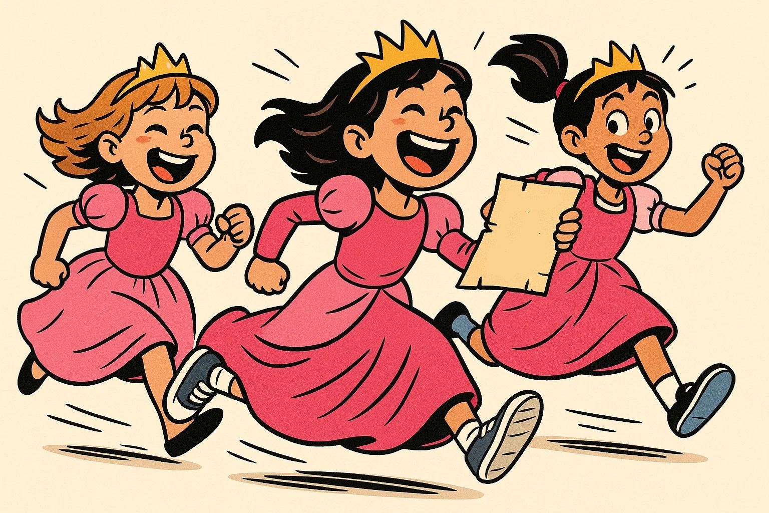 Cartoon of kids participating in an alternative princess game like a treasure hunt with exaggerated, fun expressions.
