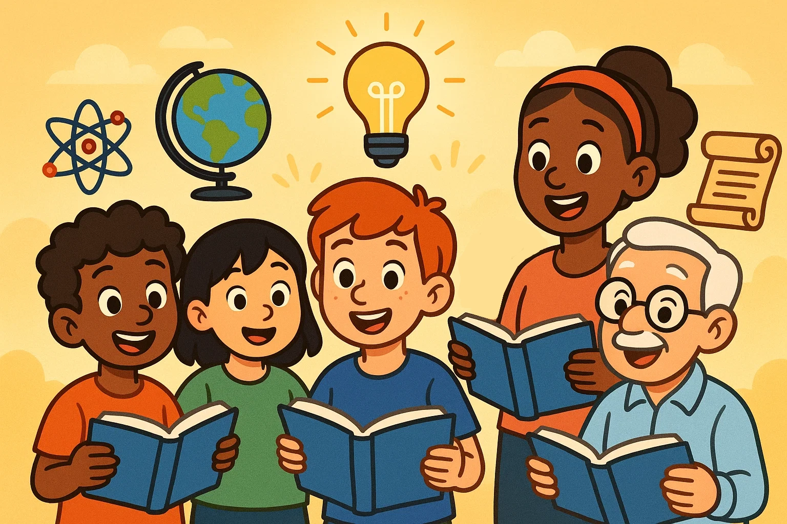Cartoon image of diverse students with books and curiosity, surrounded by symbols of knowledge like a globe and atom. Cartoon image of diverse students with books and curiosity, surrounded by symbols of knowledge like a globe and atom.