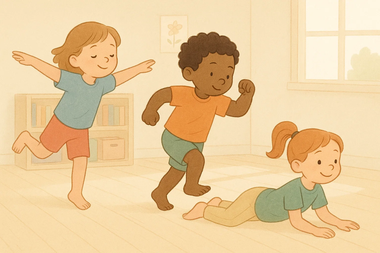 Simple cartoon of children exploring creative Montessori-style dance activities by moving their bodies like different animals. Simple cartoon of children exploring creative Montessori-style dance activities by moving their bodies like different animals.