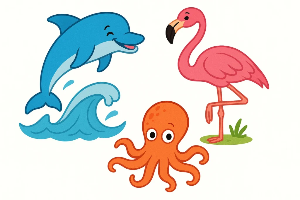 Cartoon image of a dolphin, flamingo, and octopus, representing fun facts about sea and land animals.