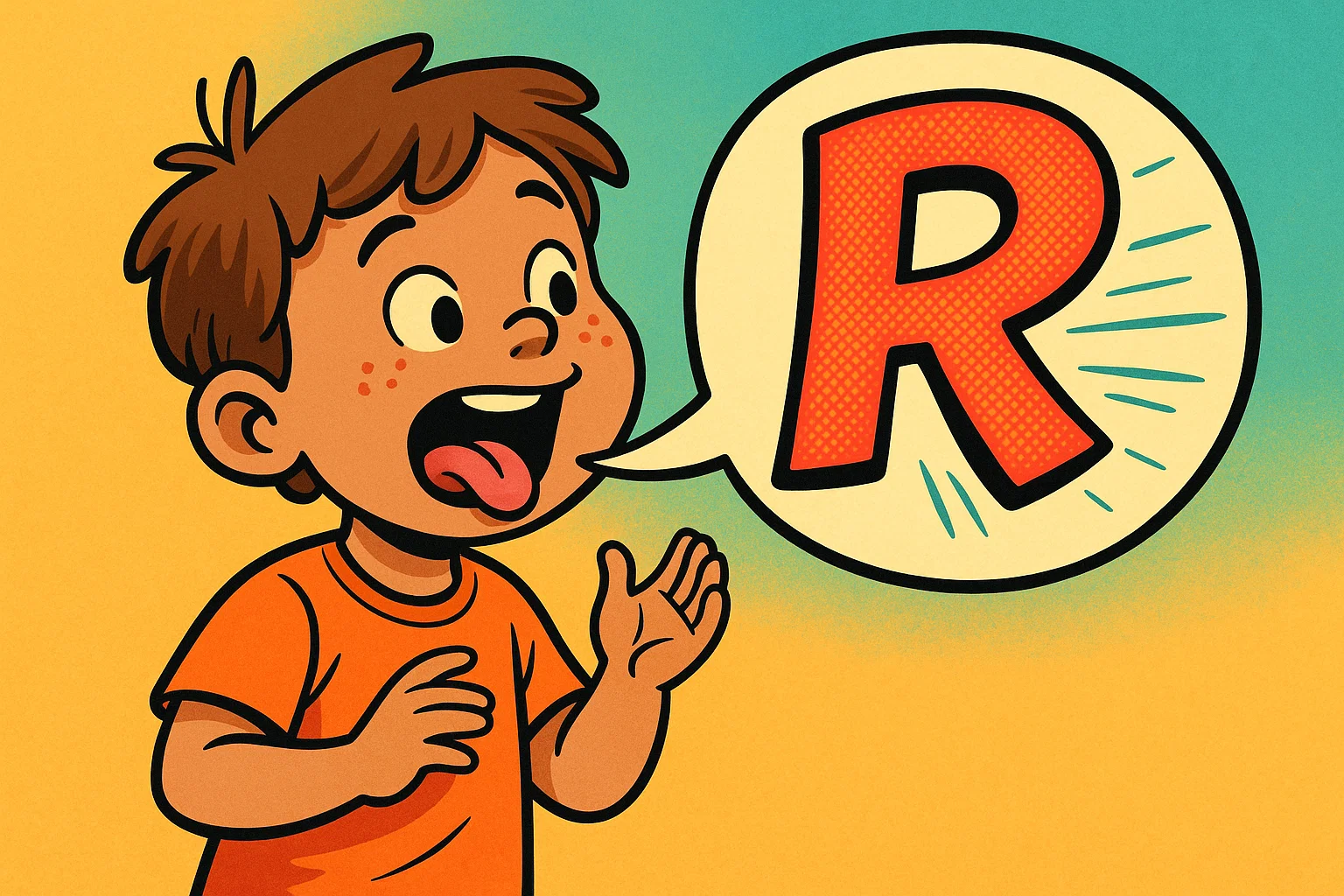 Cartoon of a child practicing articulation, with a large, stylized letter 'R' speech bubble popping out.