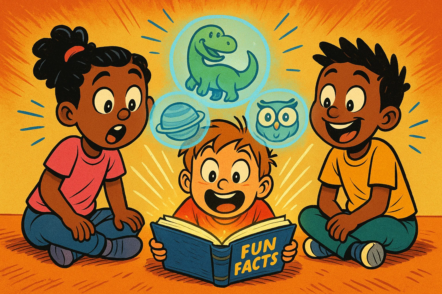Playful cartoon of three 7-year-olds excitedly looking at facts about dinosaurs, planets, and animals floating above an open trivia book.