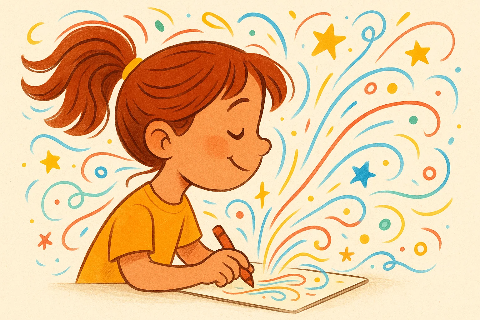 A cartoon of a girl's mind overflowing with bright colors and shapes as she draws, symbolizing the benefits of drawing games for creativity. A cartoon of a girl's mind overflowing with bright colors and shapes as she draws, symbolizing the benefits of drawing games for creativity.