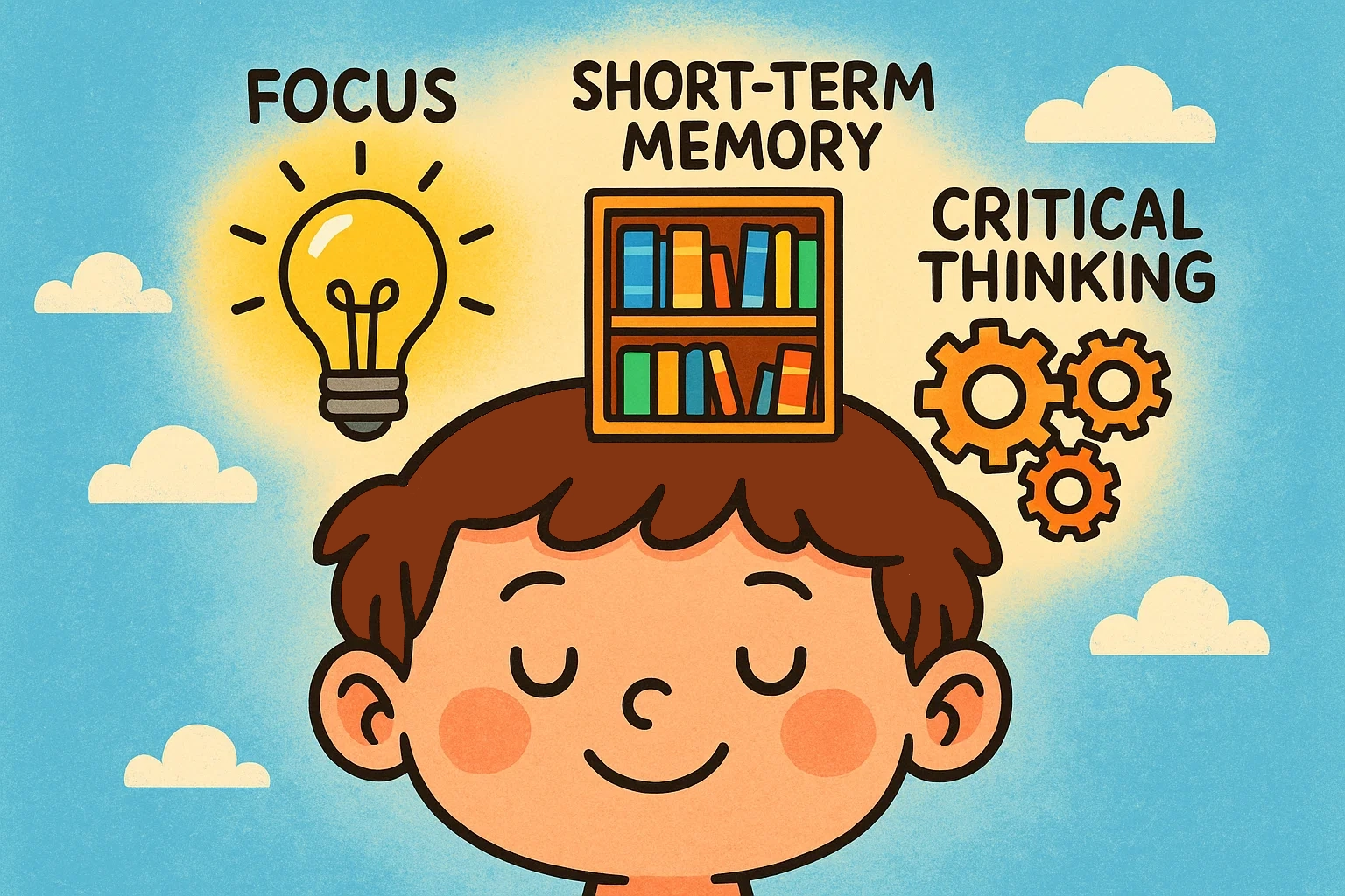 Cartoon illustrating a child's brain with icons for improved memory, focus, and critical thinking skills from games. Cartoon illustrating a child's brain with icons for improved memory, focus, and critical thinking skills from games.