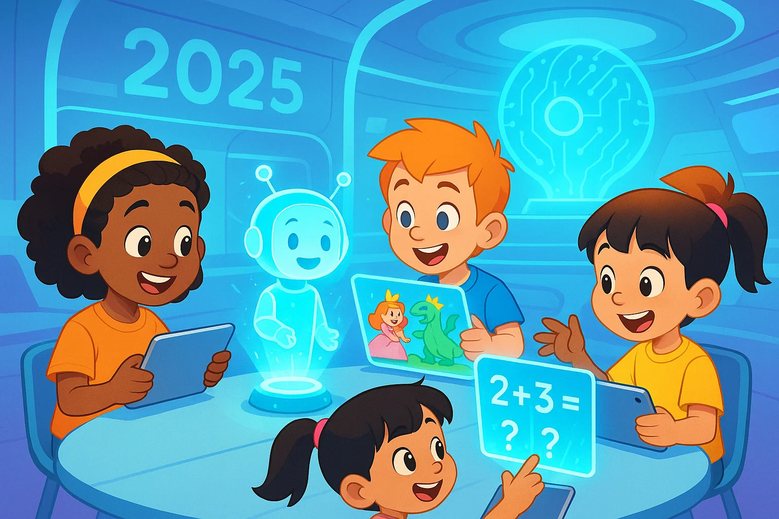 Vibrant cartoon shows diverse kids using simple tablets with holographic AI-powered learning content in a futuristic, safe setting. Vibrant cartoon shows diverse kids using simple tablets with holographic AI-powered learning content in a futuristic, safe setting.