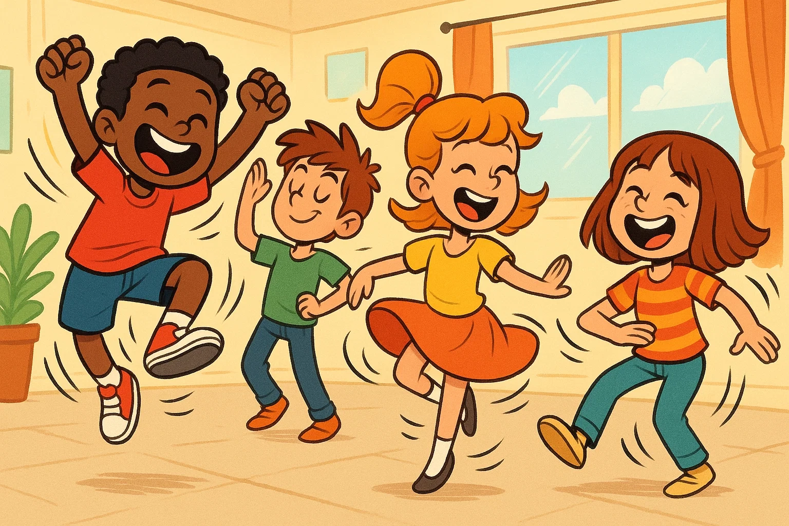 Playful cartoon of happy kids enthusiastically dancing together in a colorful room, showing various fun dance moves and joyful expressions. Playful cartoon of happy kids enthusiastically dancing together in a colorful room, showing various fun dance moves and joyful expressions.