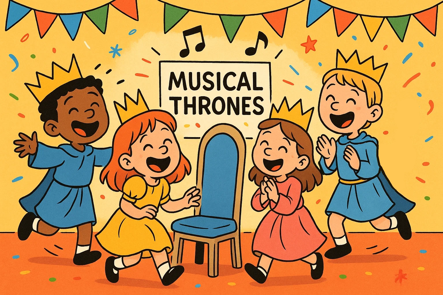 Cartoon of kids joyfully playing classic princess party games like Musical Thrones at a birthday celebration.