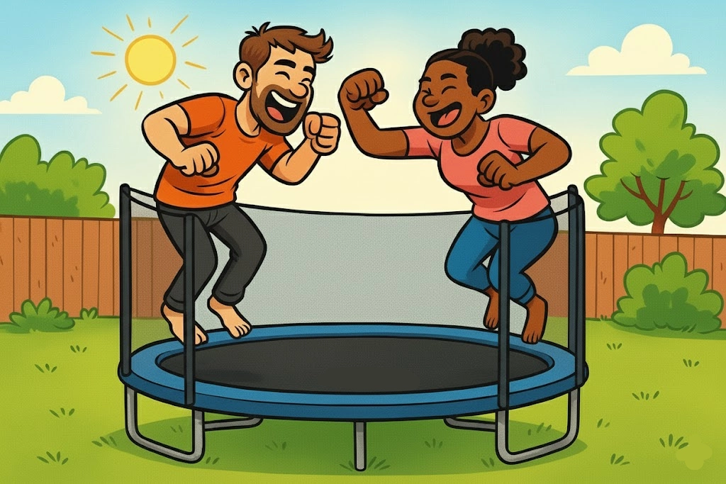 Cartoon of adults and kids laughing and playing an energetic jumping game on a trampoline in a sunny backyard. Cartoon of adults and kids laughing and playing an energetic jumping game on a trampoline in a sunny backyard.
