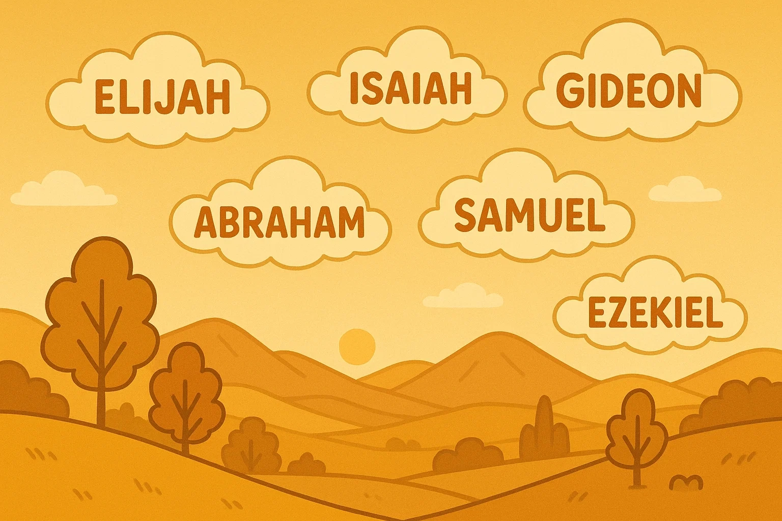  Warm cartoon showing a serene valley with biblical names like Elijah and Gideon floating in clouds, symbolizing spiritual meaning.
