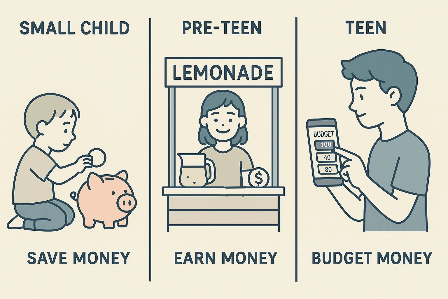 Infographic-style cartoon illustrating boosting financial literacy lessons for different age groups (young child to teen). Infographic-style cartoon illustrating boosting financial literacy lessons for different age groups (young child to teen).