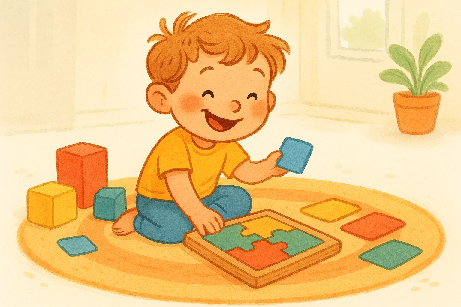 A happy 5-year-old playing a brain-boosting game with colorful blocks and puzzles, designed for child development. A happy 5-year-old playing a brain-boosting game with colorful blocks and puzzles, designed for child development.