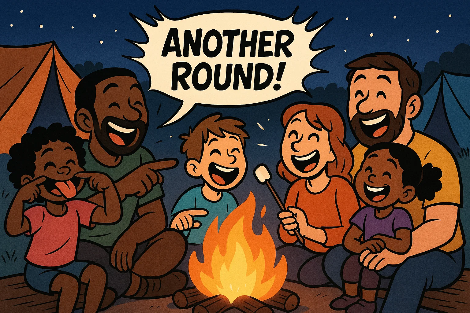 Playful cartoon of a family, adults, and kids laughing while actively playing fun games around a warm campfire at dusk. Playful cartoon of a family, adults, and kids laughing while actively playing fun games around a warm campfire at dusk.