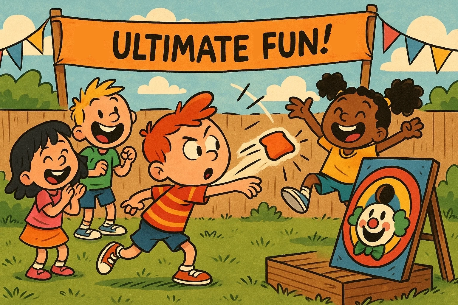 A colorful, cartoon illustration showing children enjoying homemade carnival games outdoors, featuring a DIY bean bag toss. A colorful, cartoon illustration showing children enjoying homemade carnival games outdoors, featuring a DIY bean bag toss.