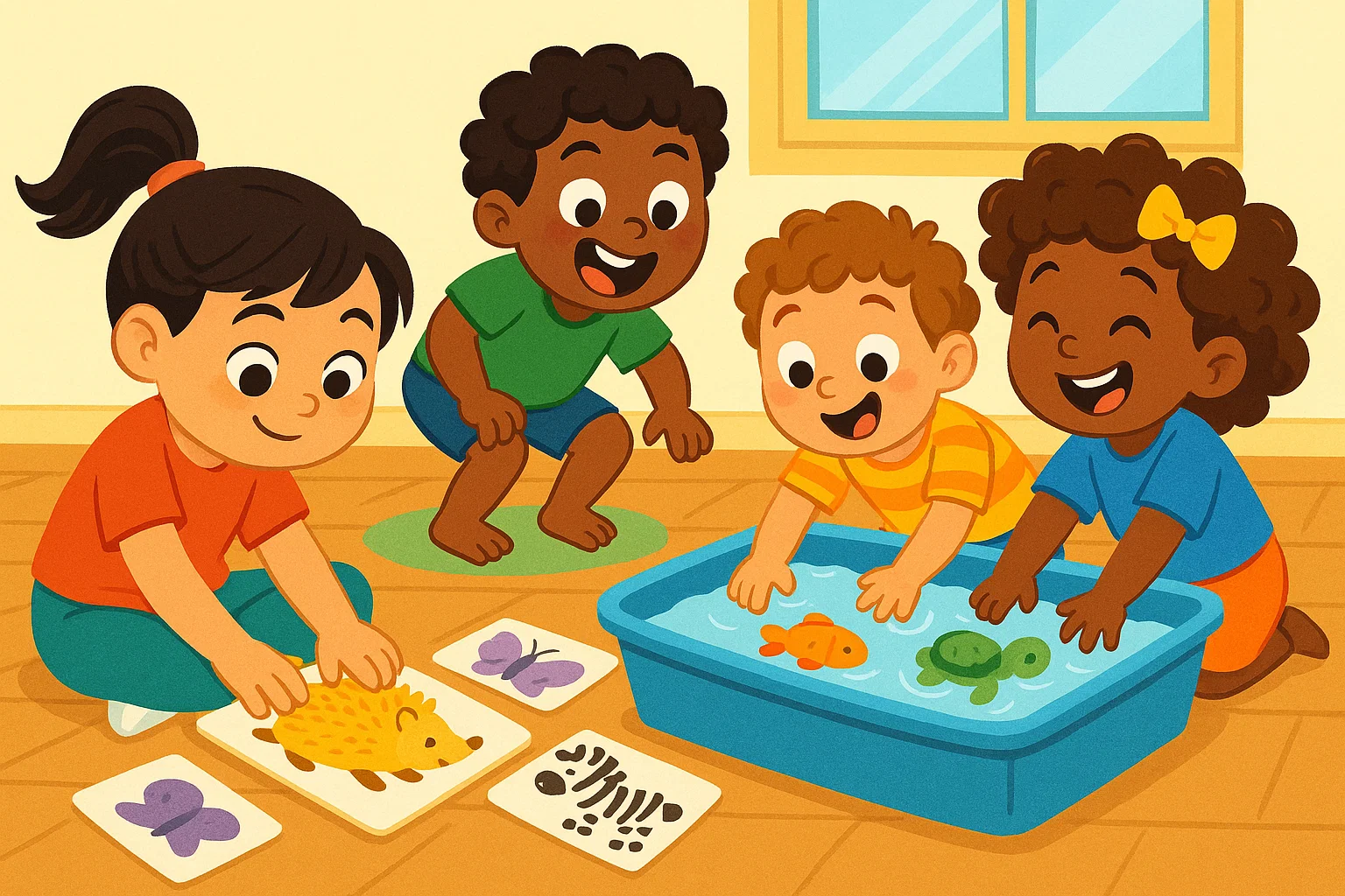 Cartoon showing children engaged in various sensory and gross motor activities for learning animal sounds. Cartoon showing children engaged in various sensory and gross motor activities for learning animal sounds.