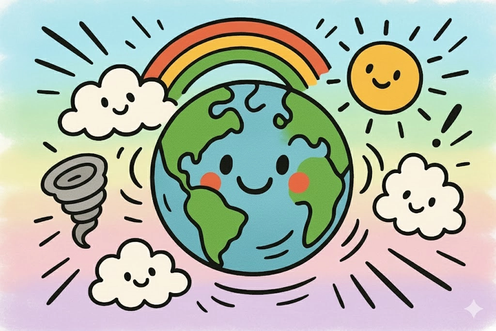 Cartoon globe surrounded by exaggerated weather phenomena like a rainbow and a small tornado.