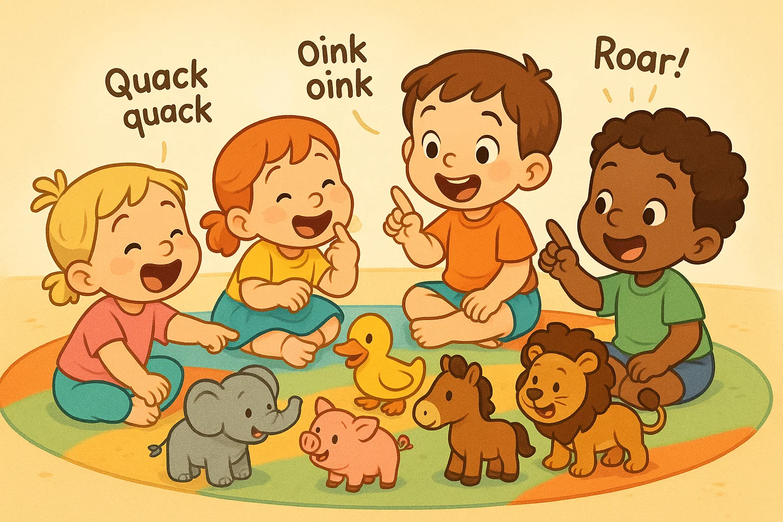 A playful cartoon showing kids learning animal sounds through fun games and activities, fostering developmental skills. A playful cartoon showing kids learning animal sounds through fun games and activities, fostering developmental skills.