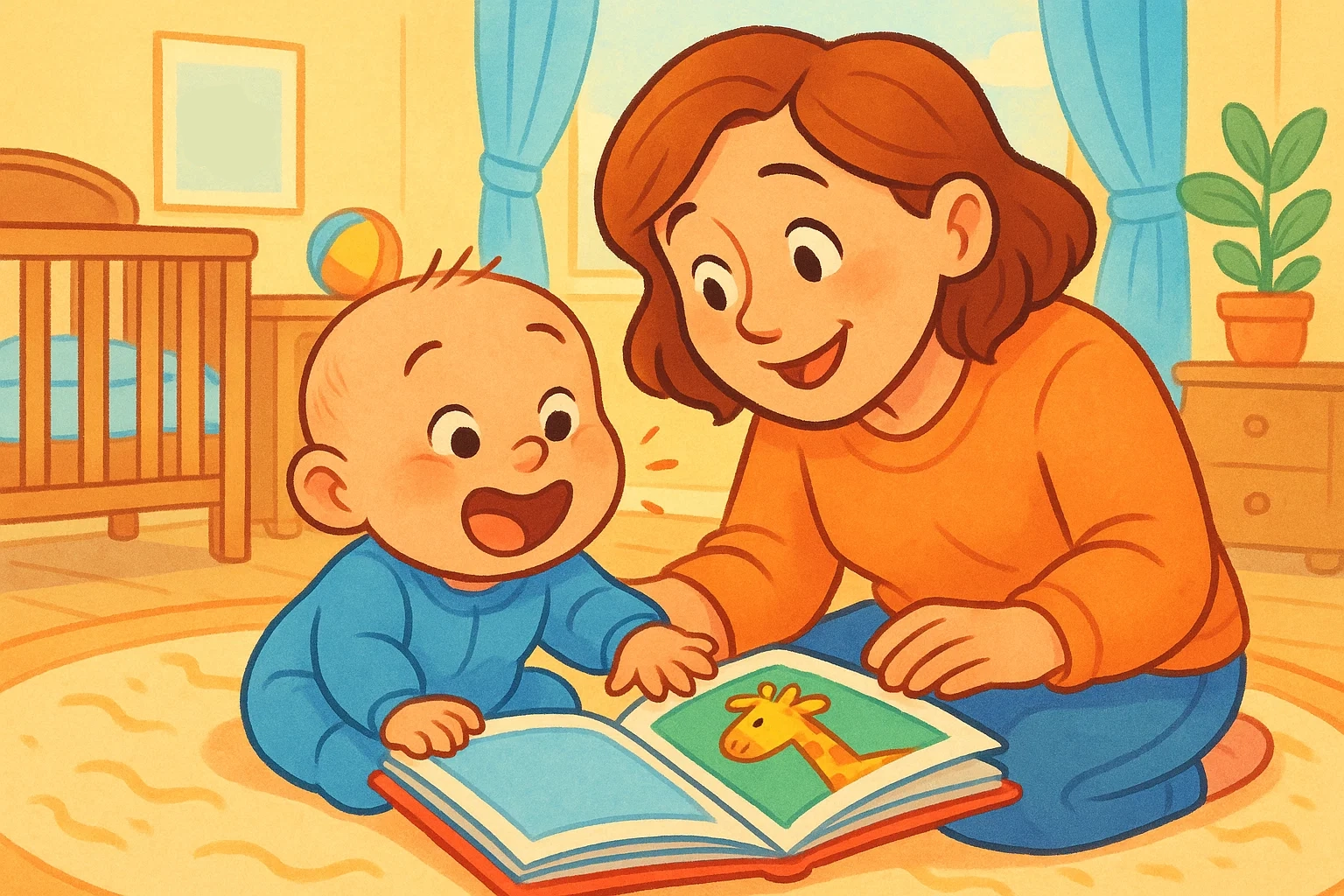 Cartoon of a baby recognizing sounds, showing early stages of learning animal sounds with a parent. Cartoon of a baby recognizing sounds, showing early stages of learning animal sounds with a parent.