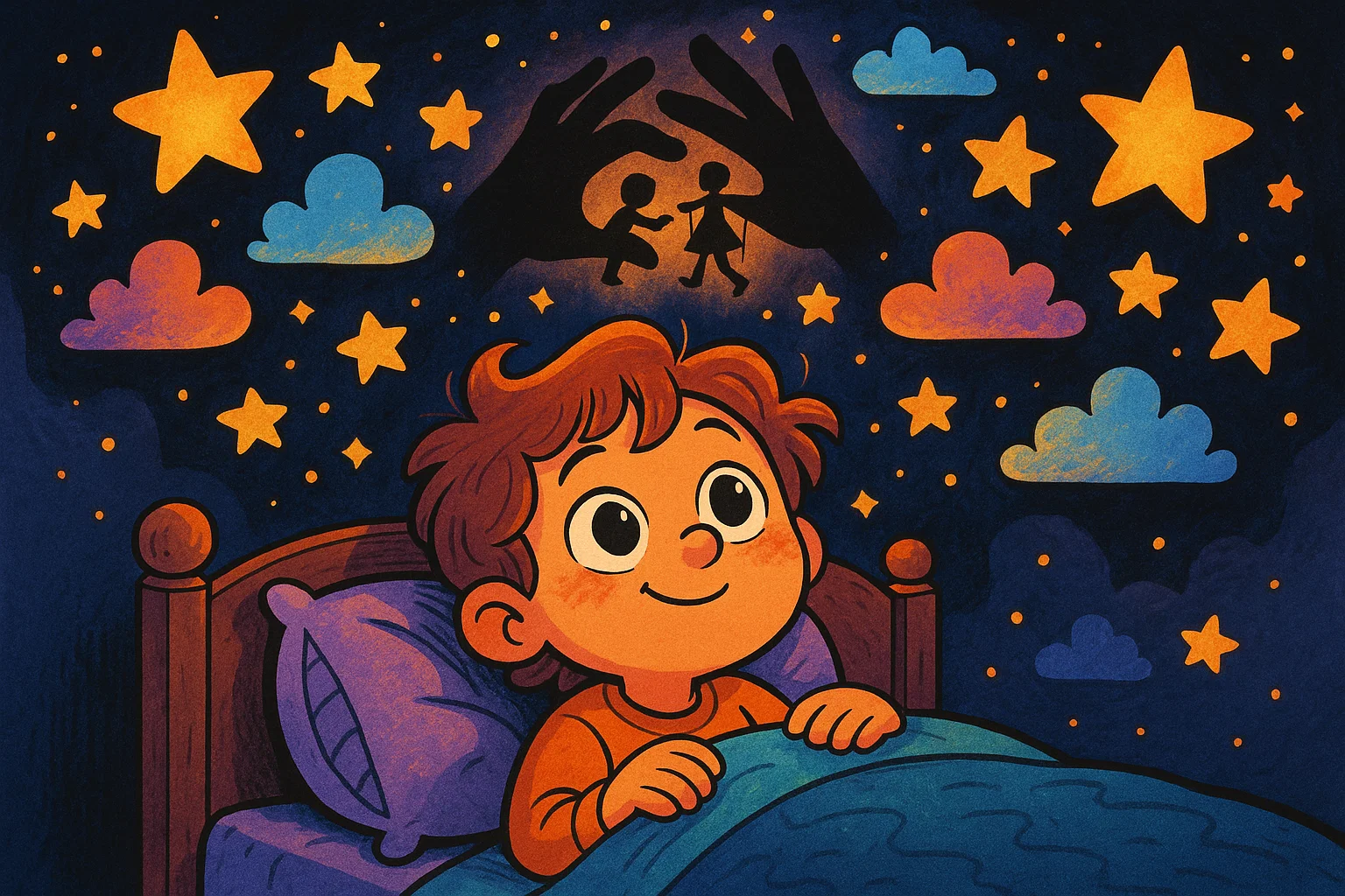 Cartoon showing a child's imagination during a puppet show game in bed at night. Cartoon showing a child's imagination during a puppet show game in bed at night.