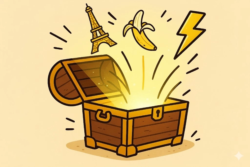Cartoon of a treasure chest overflowing with random, surprising facts and cool, weird items.