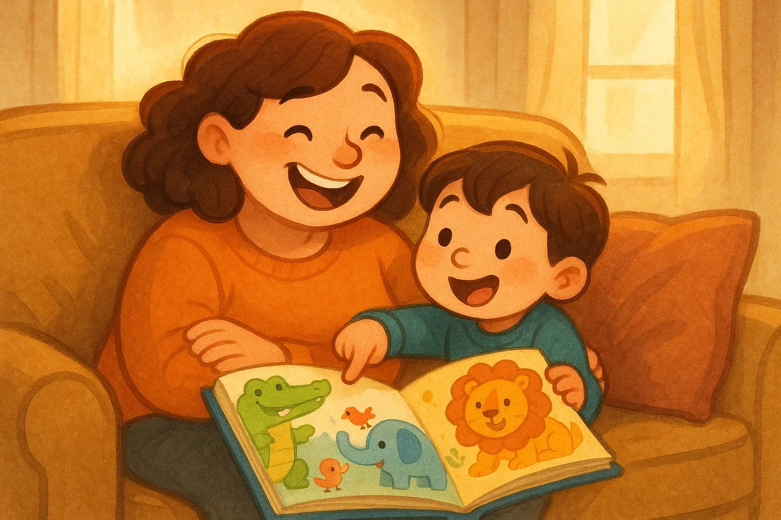 Cartoon of a parent and child reading an animal book, highlighting reading as a key teaching tool. Cartoon of a parent and child reading an animal book, highlighting reading as a key teaching tool.
