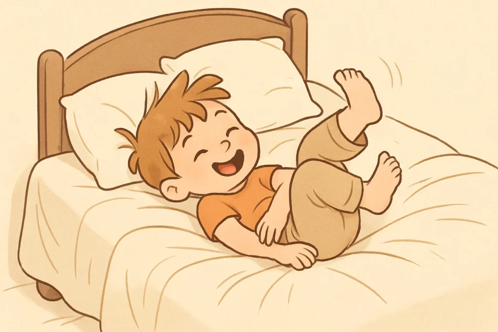 Simple cartoon of a child rolling around playfully in a bed.