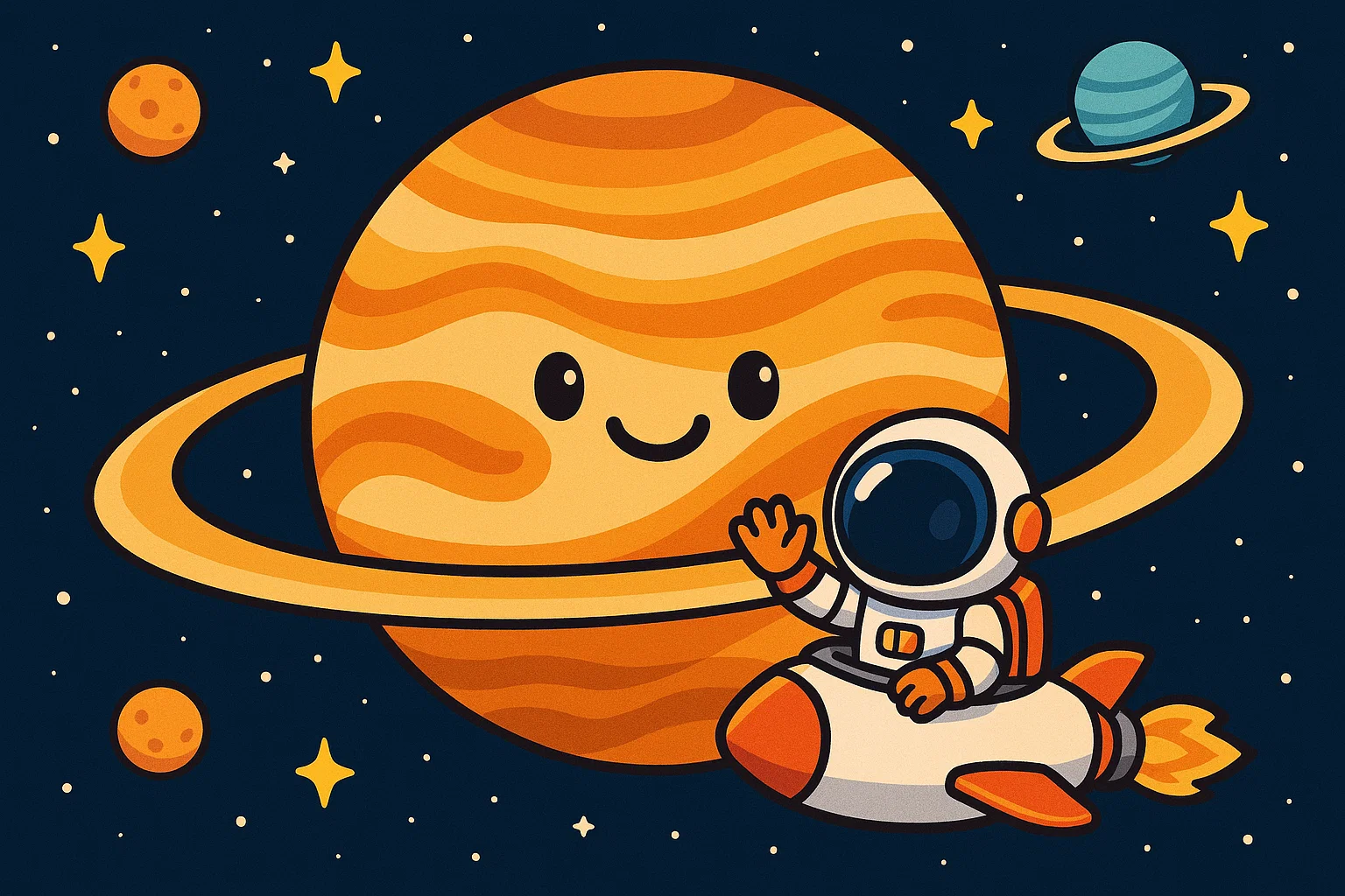Cartoon astronaut waves from a spaceship orbiting a large, friendly Jupiter in the Solar System.