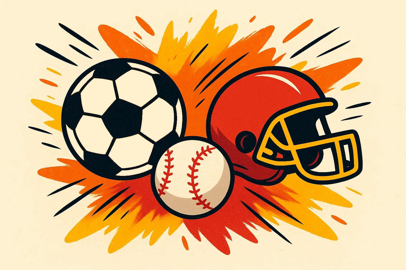 Cartoon of a soccer ball, baseball, and football helmet flying with dynamic speed lines.