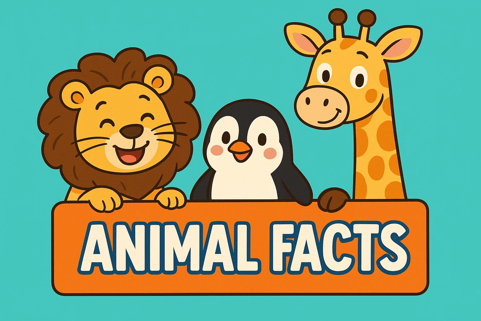 Cartoon of a lion, penguin, and giraffe smiling behind a "Top Animal Facts" banner. Cartoon of a lion, penguin, and giraffe smiling behind a "Top Animal Facts" banner.