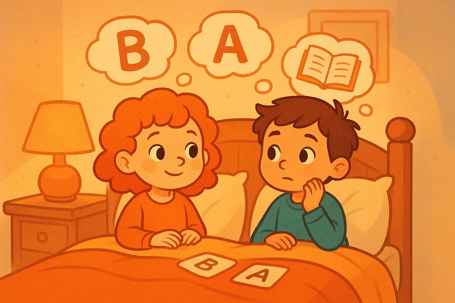 Cartoon of two kids sitting in bed, playing a word or story game before sleep. Cartoon of two kids sitting in bed, playing a word or story game before sleep.