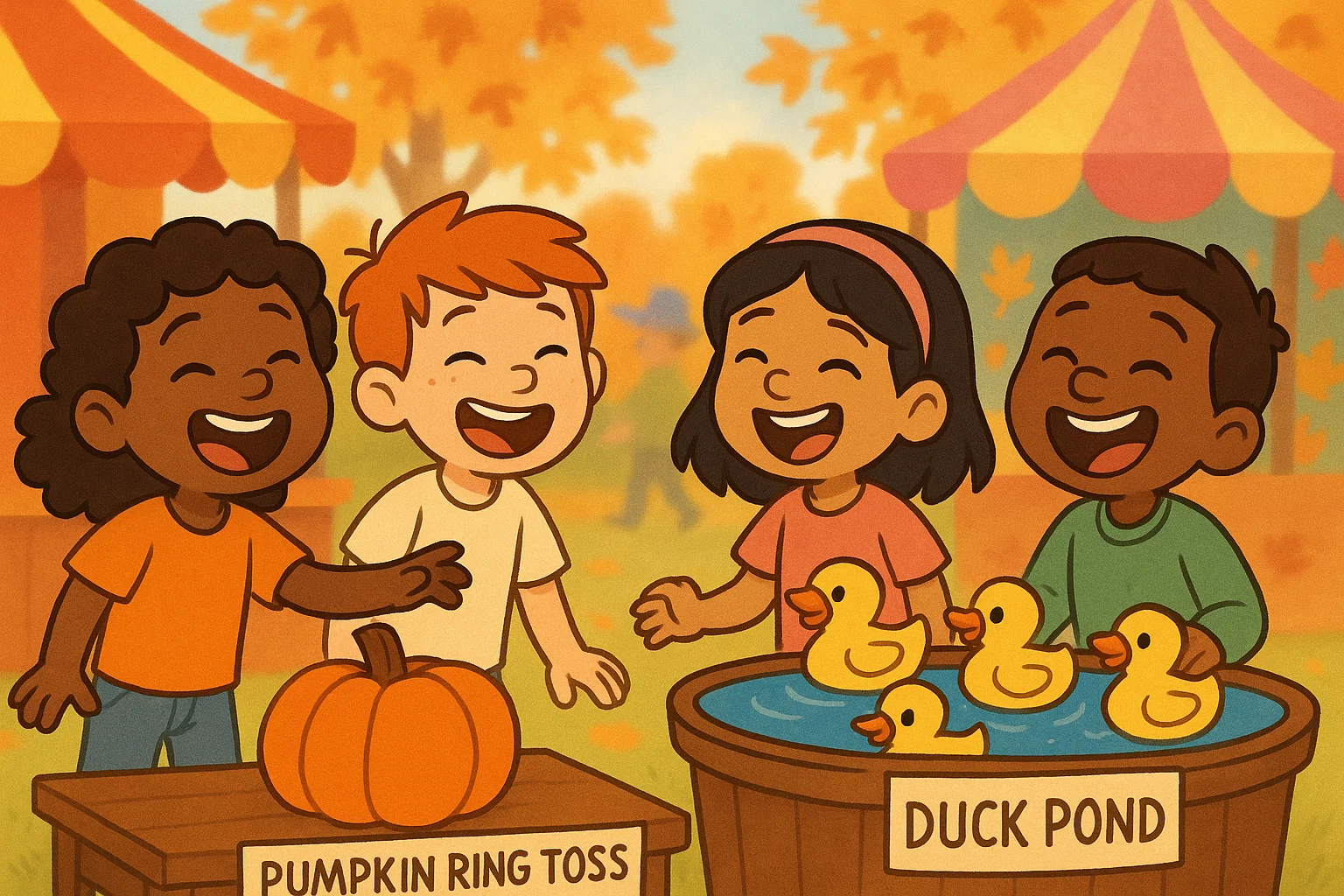 A cartoon of children playing classic carnival games like ring toss and duck pond at a fall festival. A cartoon of children playing classic carnival games like ring toss and duck pond at a fall festival.
