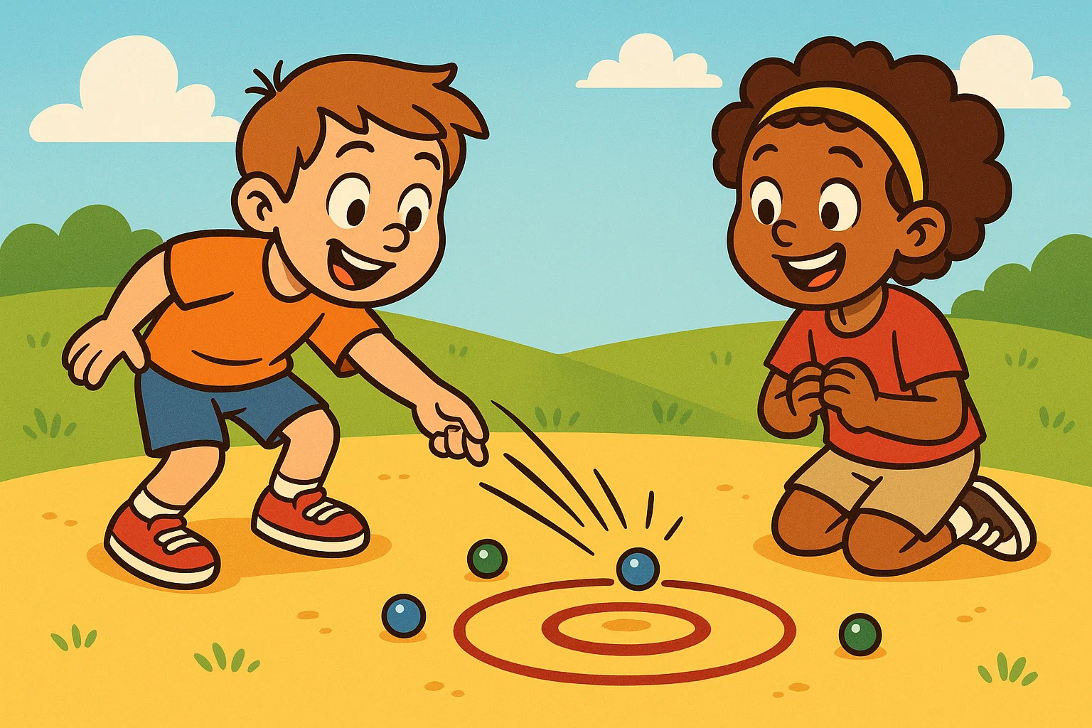 A cartoon illustration of two children happily playing a classic marble toss game outdoors with dynamic action lines. A cartoon illustration of two children happily playing a classic marble toss game outdoors with dynamic action lines.