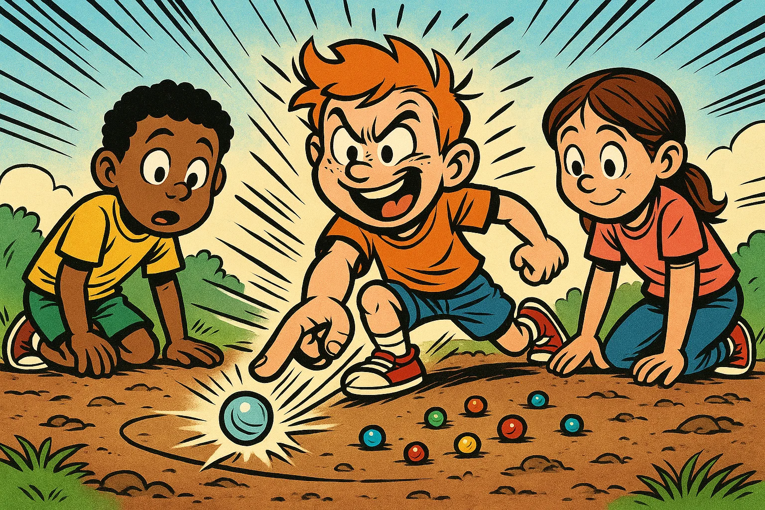 A playful cartoon illustration of three children happily playing a classic game of marbles outdoors, showing the dynamic action. A playful cartoon illustration of three children happily playing a classic game of marbles outdoors, showing the dynamic action.