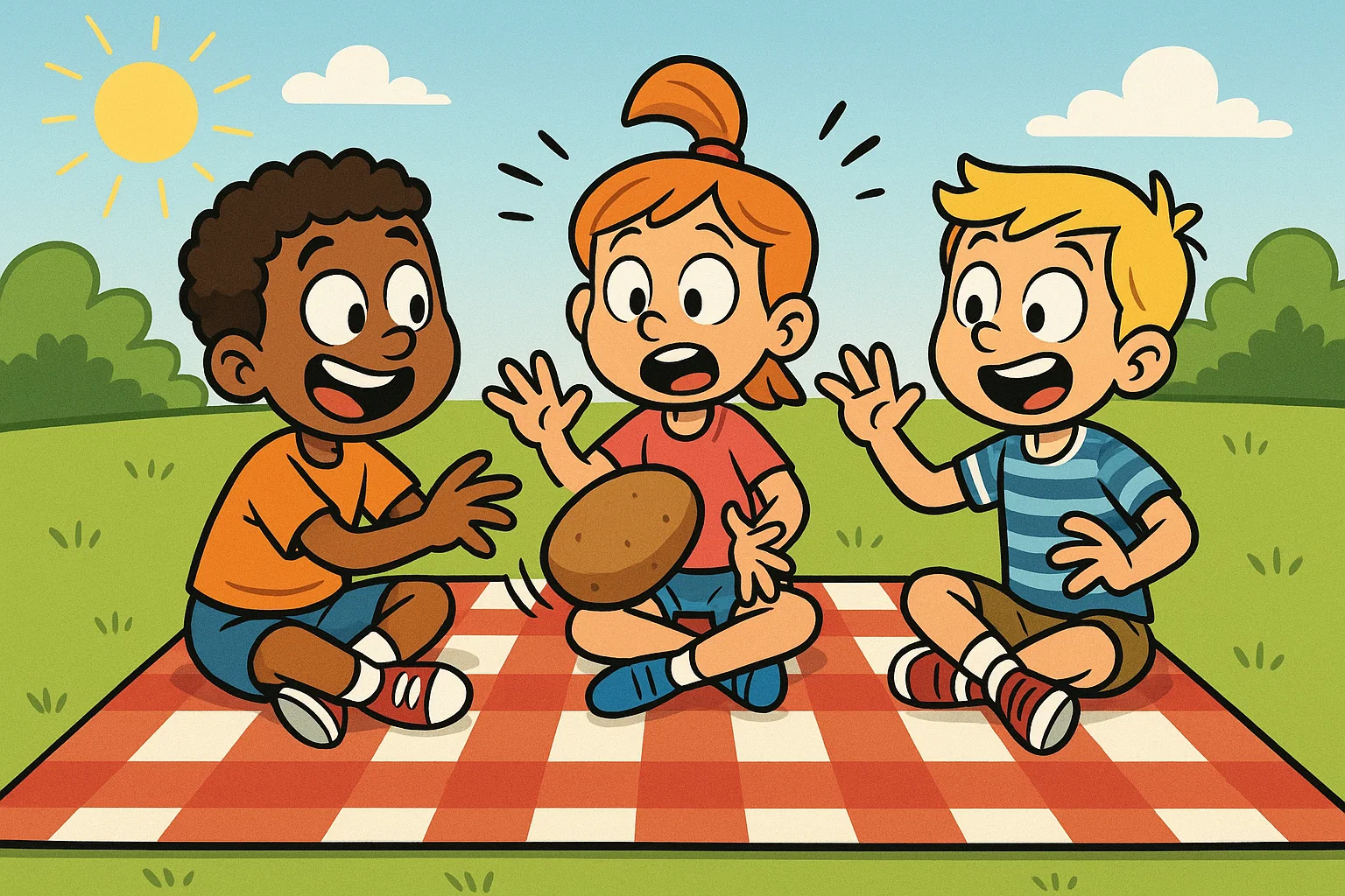 Cartoon image of three children playing "Hot Potato" on a checkered picnic blanket in a sunny park. Cartoon image of three children playing "Hot Potato" on a checkered picnic blanket in a sunny park.