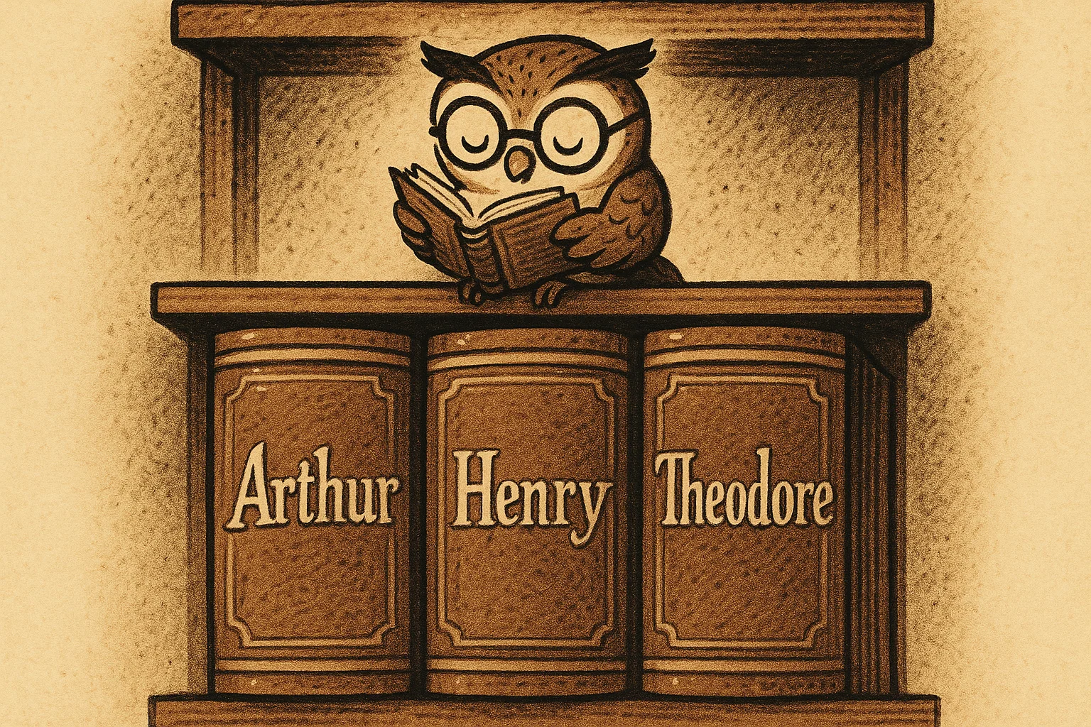 Cartoon illustration of a library shelf with large books featuring classic boy names like Arthur and Henry on the spines.
