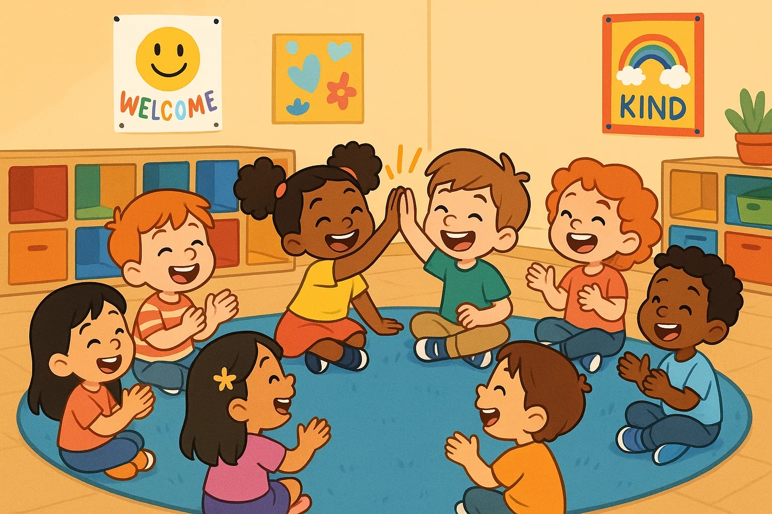 A playful cartoon showing diverse preschoolers happily engaged in a name game, building classroom community. A playful cartoon showing diverse preschoolers happily engaged in a name game, building classroom community.