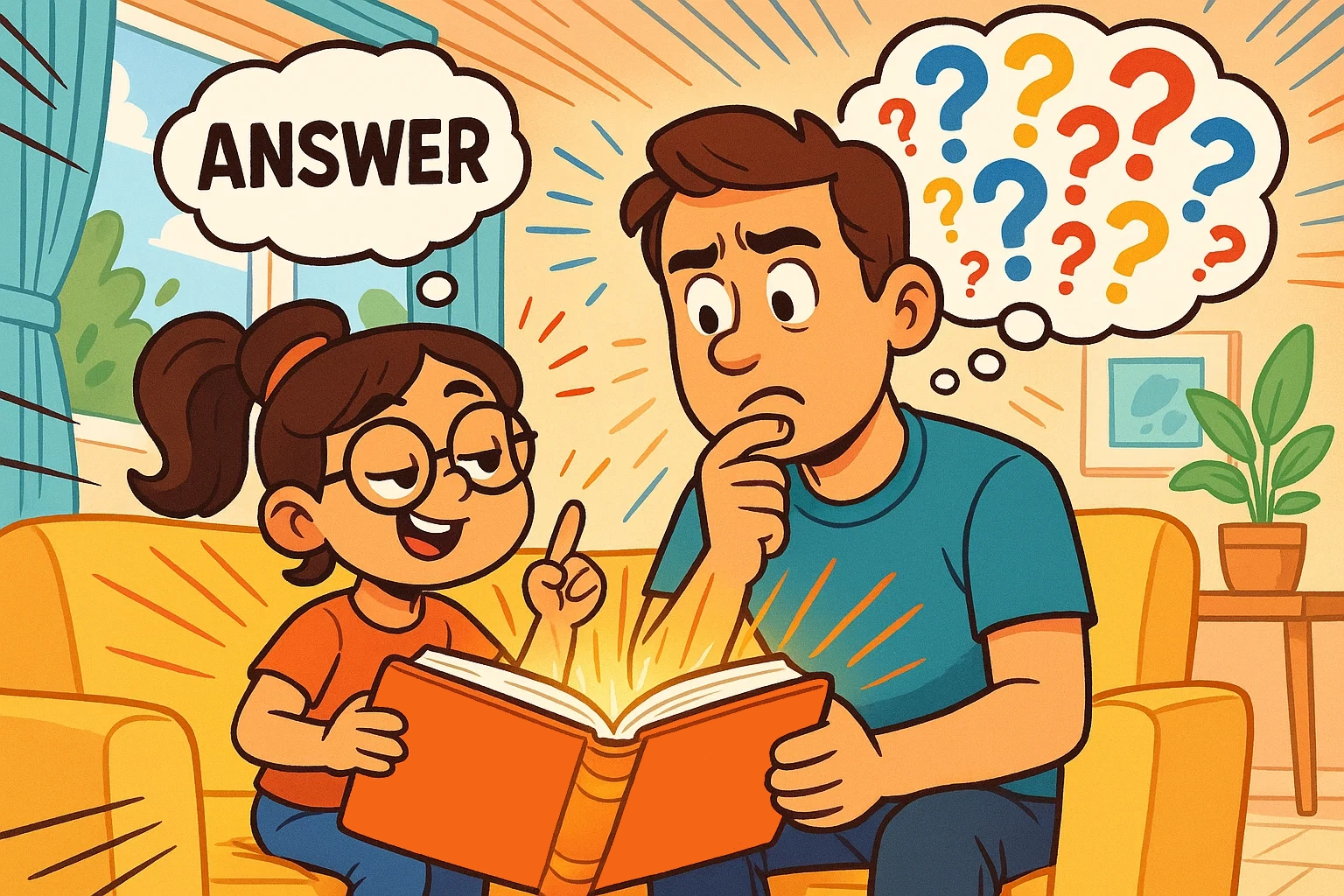 Cartoon of a girl and father solving tricky riddles for kids and adults. They are in a colorful living room, enjoying a smart challenge.
