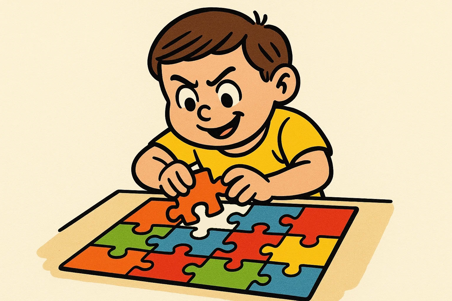 A simple cartoon of a 5-year-old completing a colorful jigsaw puzzle, representing a cognitive brain-boosting game. A simple cartoon of a 5-year-old completing a colorful jigsaw puzzle, representing a cognitive brain-boosting game.