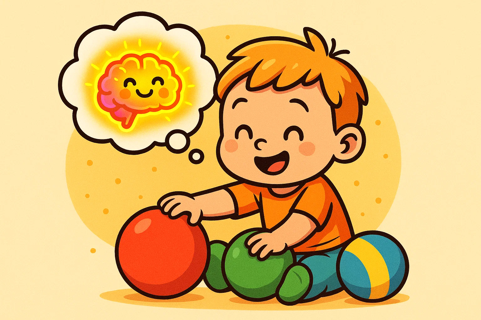 Cartoon illustration of a child playing with color toys, showing a glowing, happy brain icon to represent cognitive benefits.
