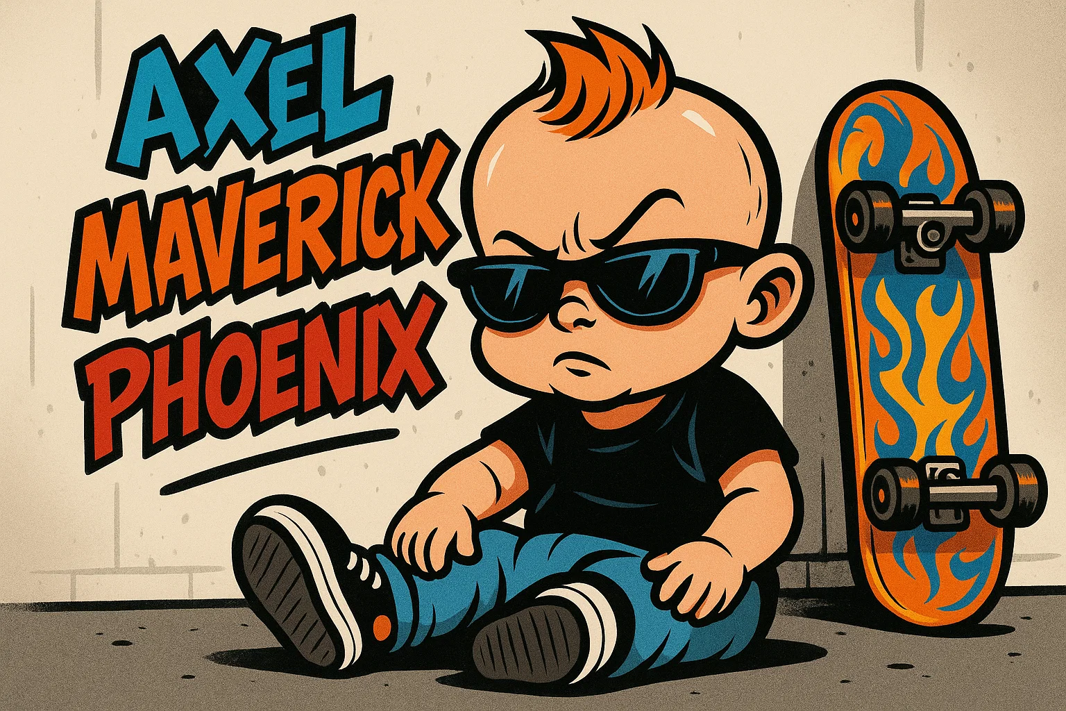 Vibrant cartoon of a cool baby with sunglasses next to a skateboard, with edgy names like Axel and Maverick on the wall.