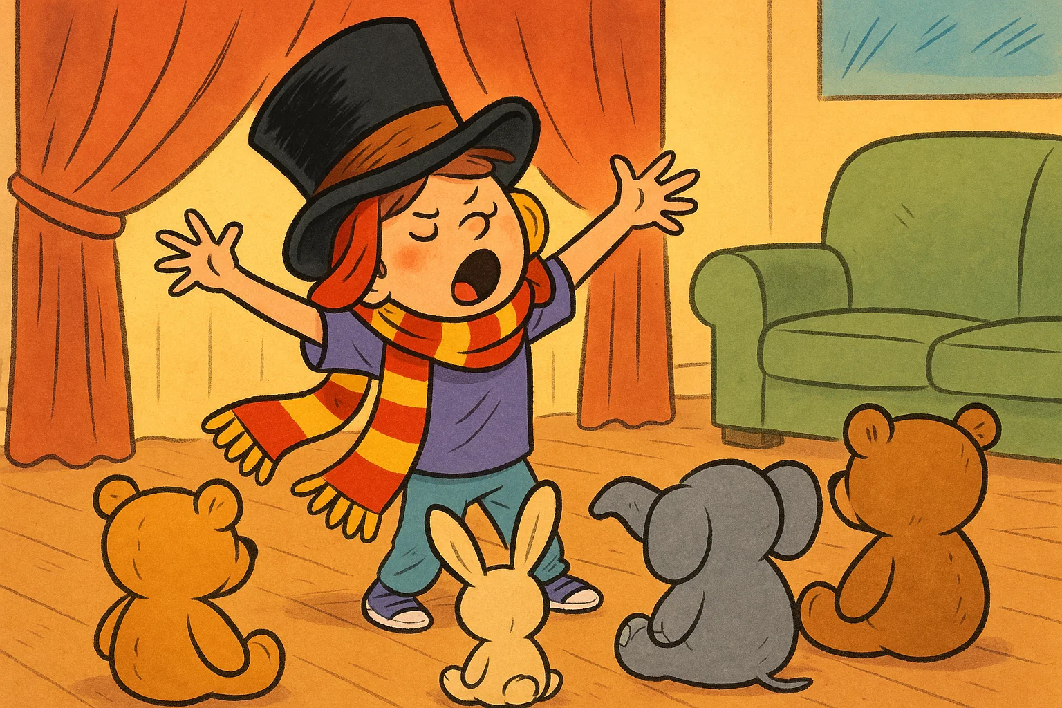 Cartoon child in a funny costume performing a dramatic monologue for an audience of stuffed animals on a living room stage.