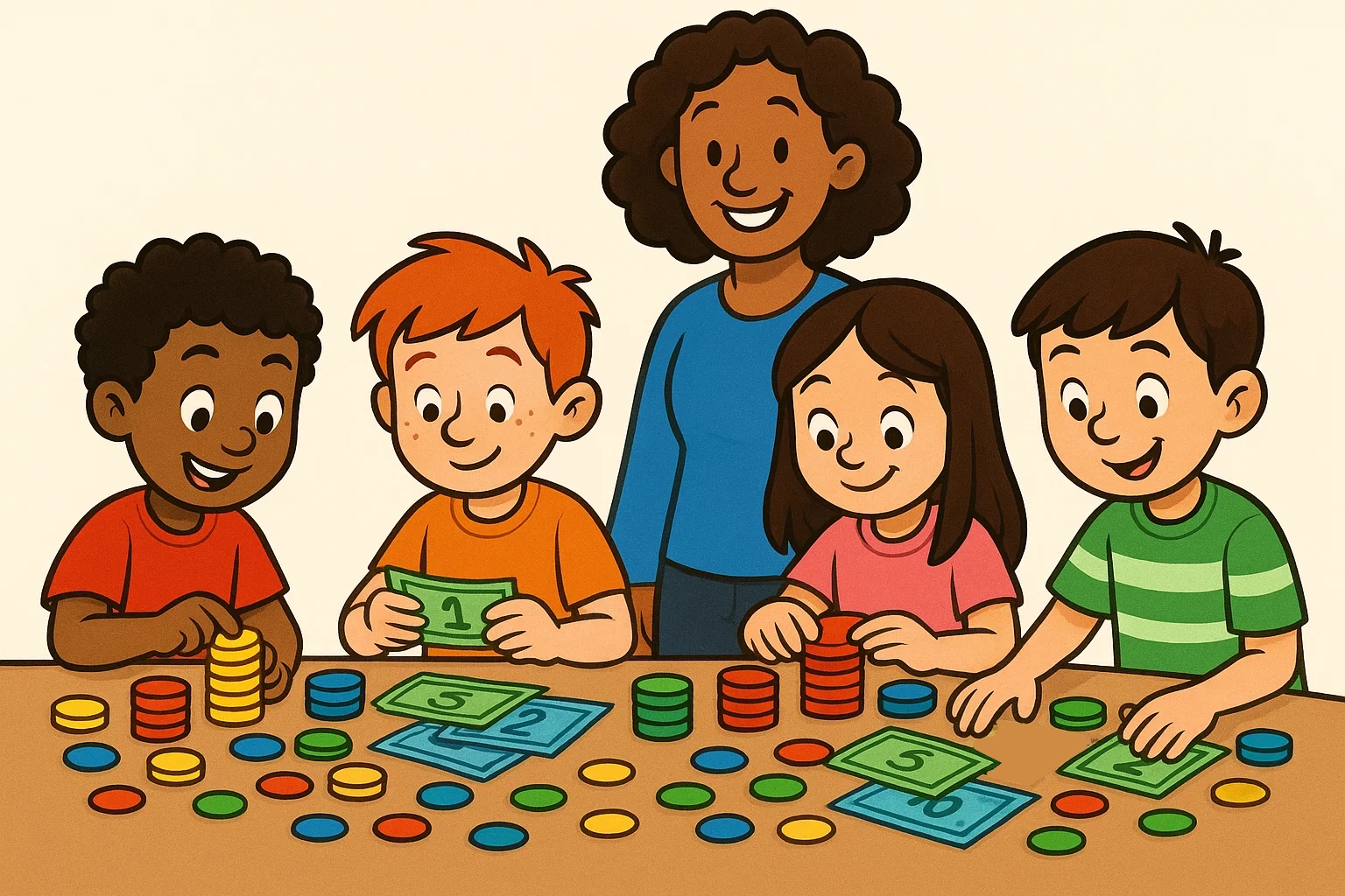 Cartoon image of children happily counting and sorting toy money at a table, practicing basic counting skills. Cartoon image of children happily counting and sorting toy money at a table, practicing basic counting skills.