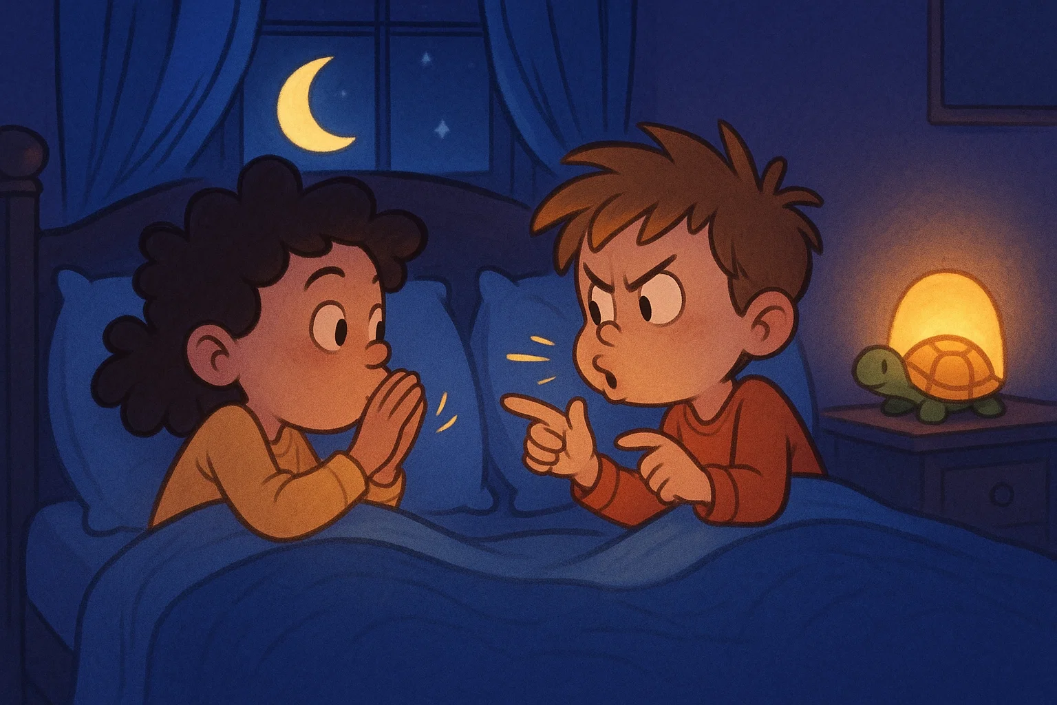 Cartoon of two kids lying in bed playing a quiet, imaginative game in the dark. Simple, cozy night scene. Cartoon of two kids lying in bed playing a quiet, imaginative game in the dark. Simple, cozy night scene.
