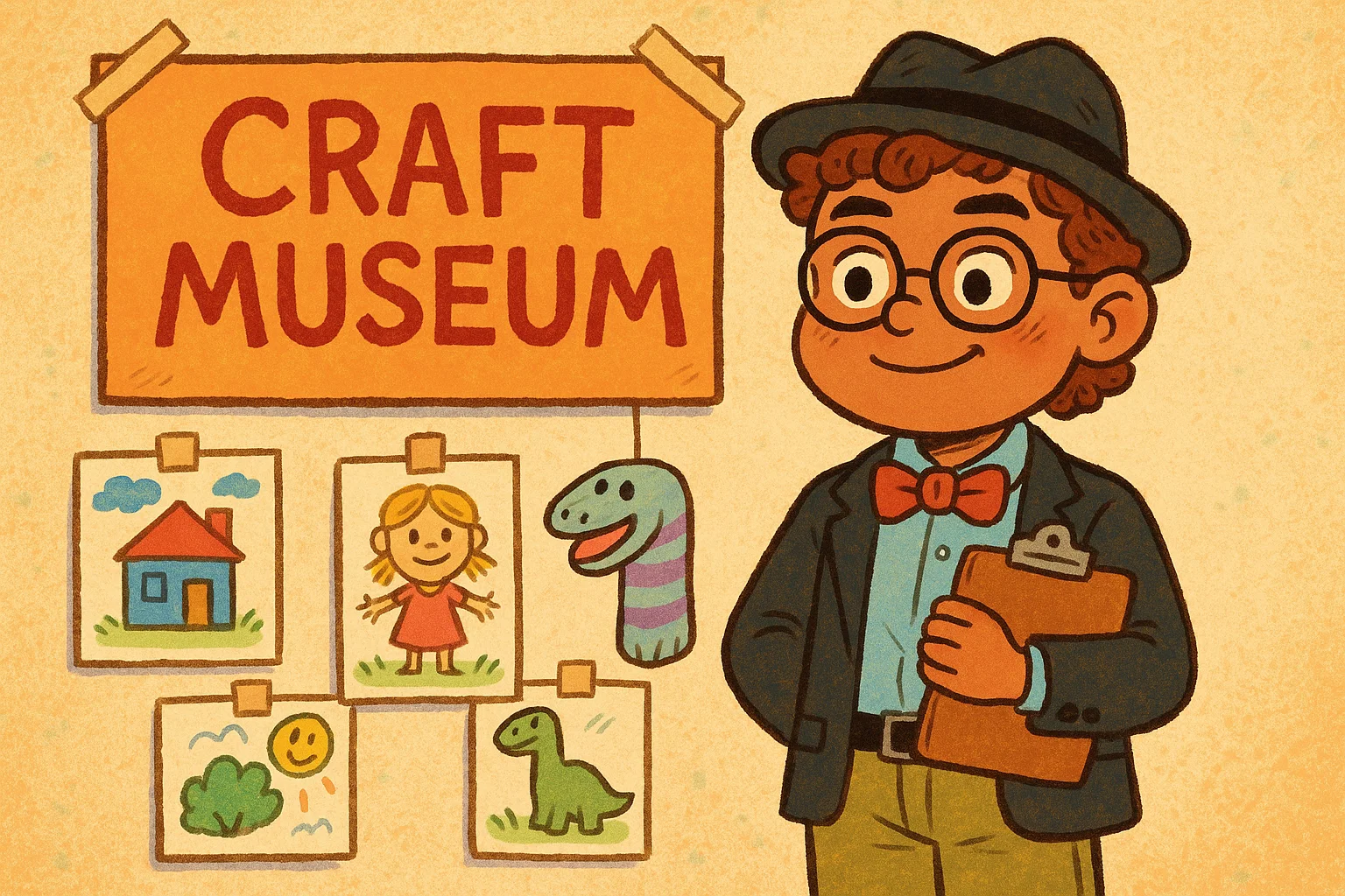 Cartoon child proudly curating a homemade "Craft Museum," displaying drawings and a sock puppet on a string line.
