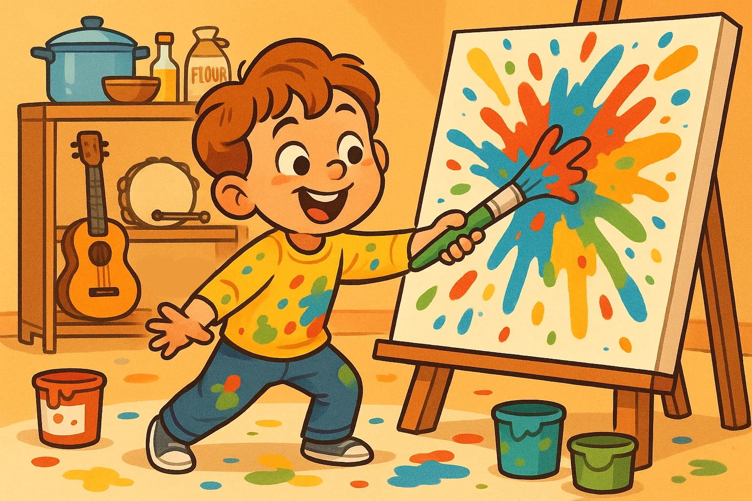 Cartoon of a 5-year-old painting enthusiastically, surrounded by art supplies and materials for creative fun learning activities.