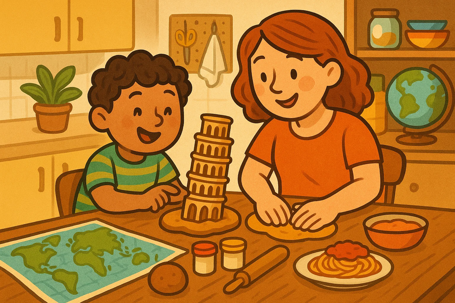 Cartoon of a child and adult engaged in a hands-on creative geography activity, modeling a landmark or preparing food. Cartoon of a child and adult engaged in a hands-on creative geography activity, modeling a landmark or preparing food.