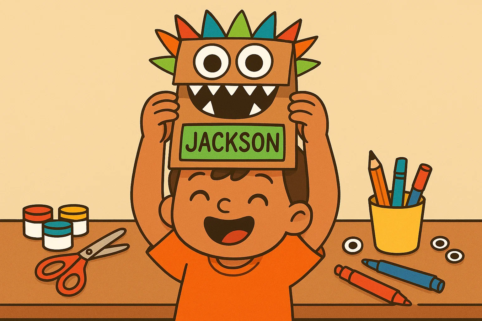 Simple cartoon showing a child proudly displaying a colorful, finished "Name Monster Puppet" craft project. Simple cartoon showing a child proudly displaying a colorful, finished "Name Monster Puppet" craft project.